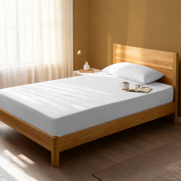 Bedroom bed dressed in White eu single 800 thread count luxurious thick fitted sheet