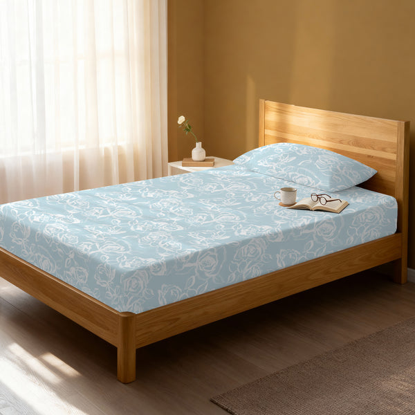 Bed in a bedroom dressed with 400 thread count Simply Floral Blue EU Single cotton fitted sheet