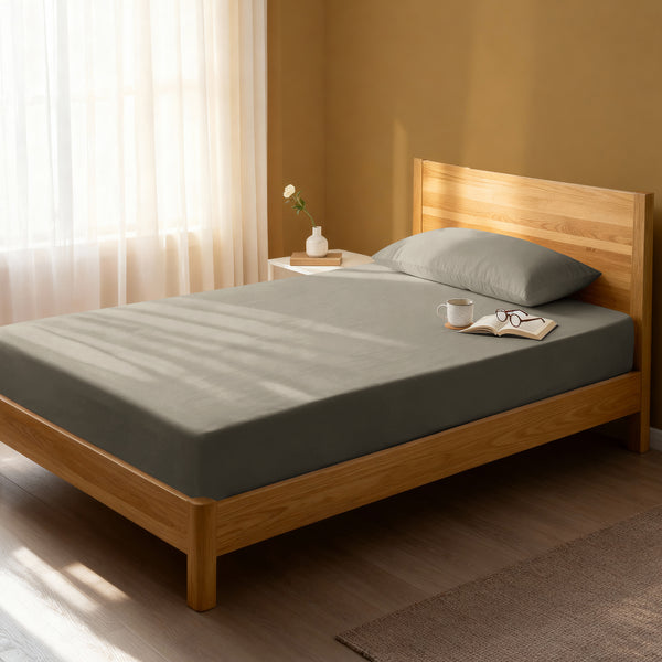 Bedroom bed dressed in Simply taupe eu single 800 thread count luxurious thick fitted sheet