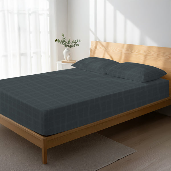 Bed styled with anthracite grey big checks fitted sheet super king size 300 thread count