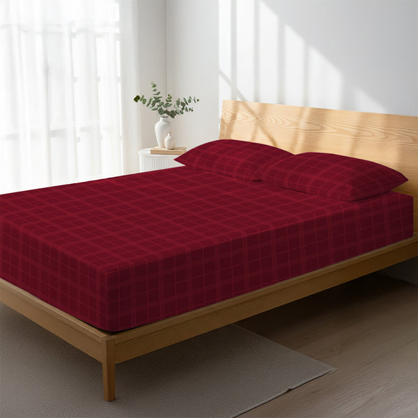 Bed styled with red big checks fitted sheet super king size 300 thread count