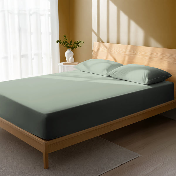 Bedroom with sea foam double percale cotton fitted sheet lightweight and cool