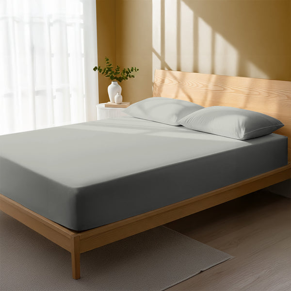 Bedroom with silver double percale cotton fitted sheet lightweight and cool