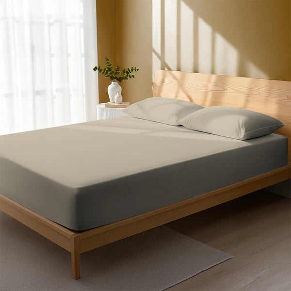 Bedroom with simply taupe double percale cotton fitted sheet lightweight and cool