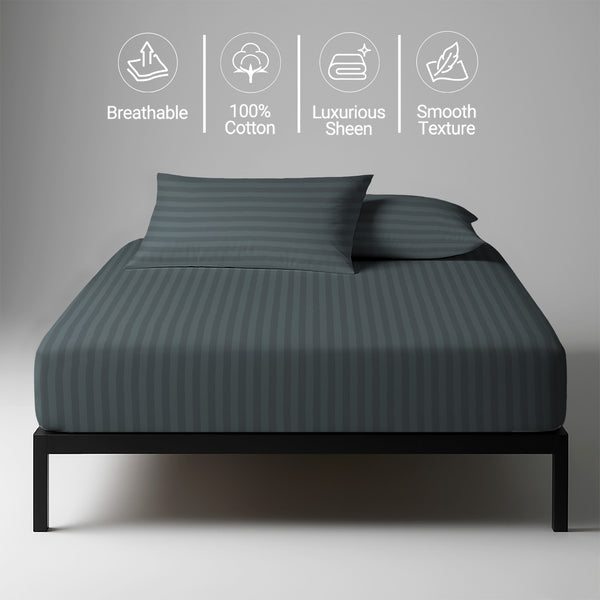 Breathable Anthracite grey striped fitted sheet super king 300 thread count with smooth and soft