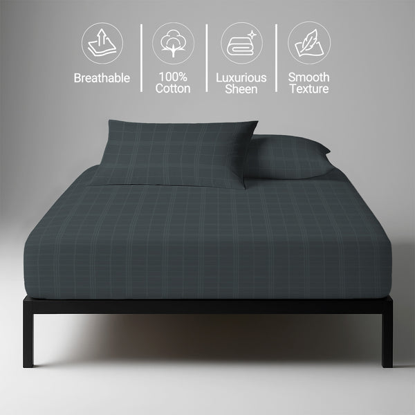 Breathable Anthracite grey big checks fitted sheet super king 300 thread count with smooth and soft