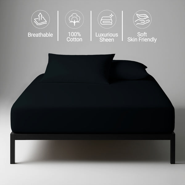 Black EU single size deep fitted sheet 600 thread count mercerized combed cotton smooth soft luxurious sheen