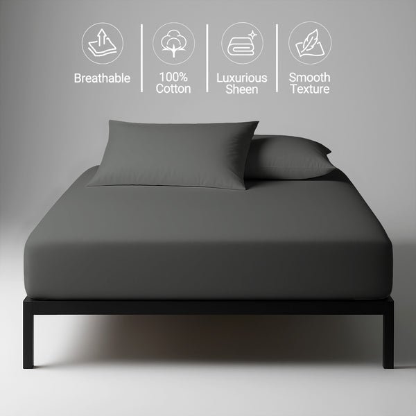 Small single dark grey 400 thread count fitted sheet mercerized combed cotton smooth and lightweight