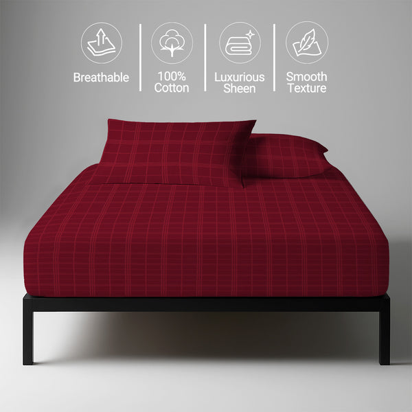 Breathable Red big checks fitted sheet super king 300 thread count with smooth and soft