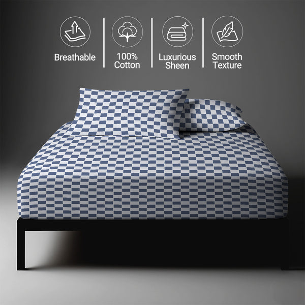 Small single smart checks navy 400 thread count fitted sheet mercerized combed cotton smooth and lightweight