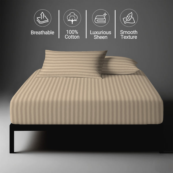 Breathable Cream striped fitted sheet king 300 thread count with smooth and soft
