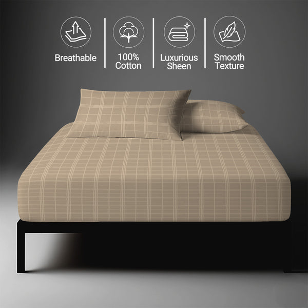 Breathable Taupe big checks fitted sheet king 300 thread count with smooth and soft