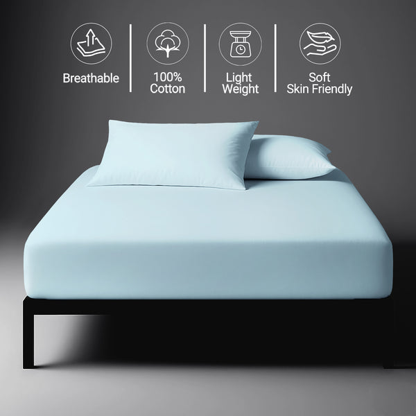 Percale cotton fitted sheet single baby blue lightweight optimum cooling percale weave