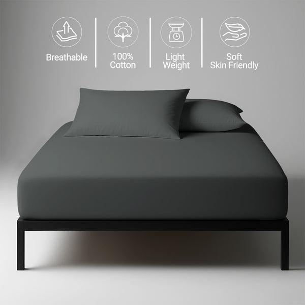 Percale cotton fitted sheet EU single Dark Grey lightweight optimum cooling percale weave
