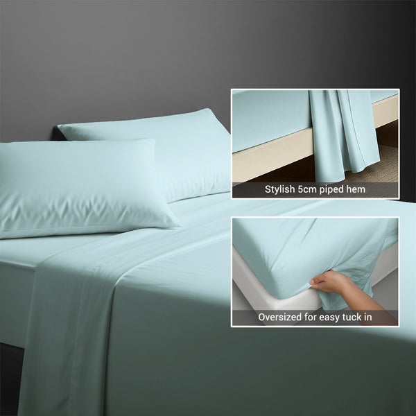400 thread count baby blue cotton flat sheet single size with 5cm piped hem oversized for easy tuck in