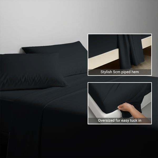 400 thread count black cotton flat sheet single size with 5cm piped hem oversized for easy tuck in