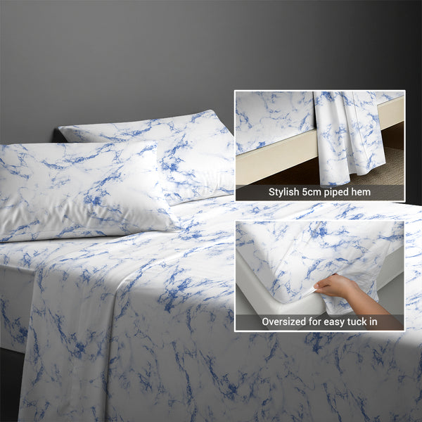 400 thread count carrara marble blue cotton flat sheet double size with 5cm piped hem oversized for easy tuck in