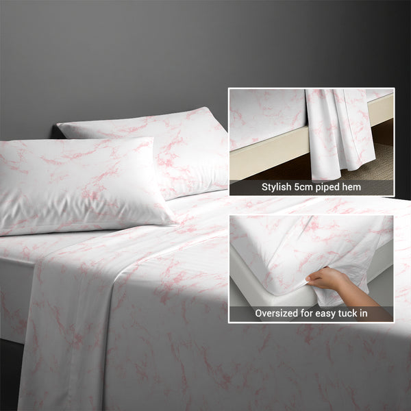 400 thread count Carrara Marble Pink cotton flat sheet super king size with 5cm piped hem oversized for easy tuck in