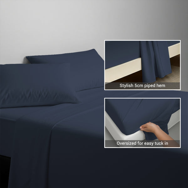 400 thread count dark blue cotton flat sheet double size with 5cm piped hem oversized for easy tuck in