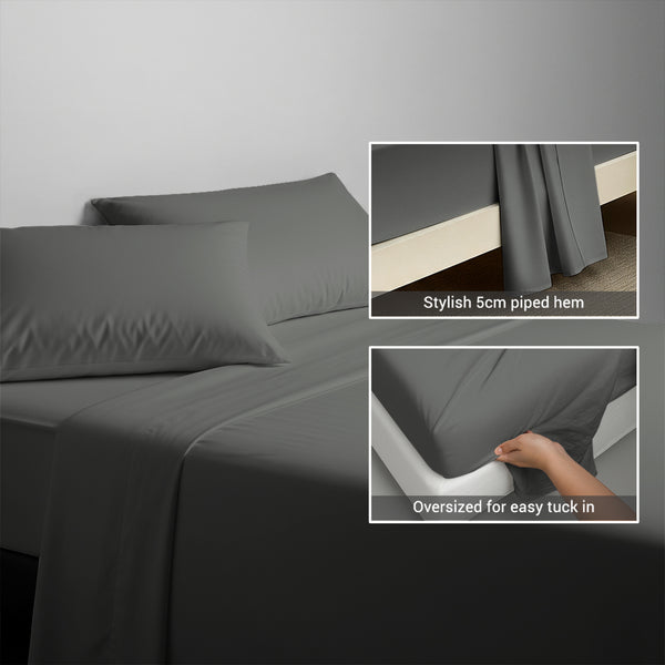 400 thread count dark grey cotton flat sheet single size with 5cm piped hem oversized for easy tuck in