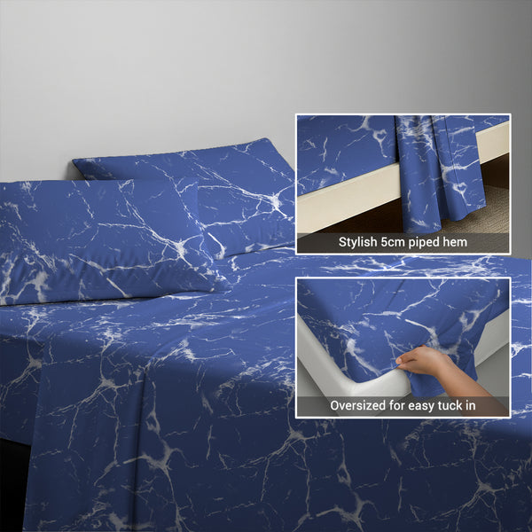 400 thread count Marble Blue cotton flat sheet king size with 5cm piped hem oversized for easy tuck in