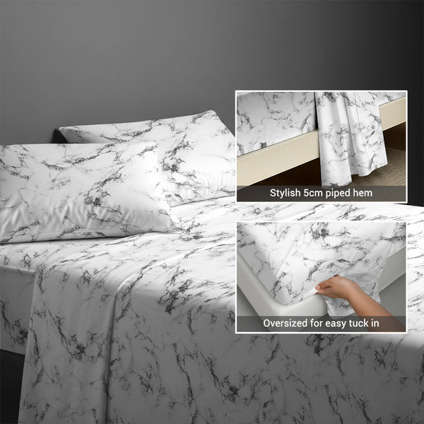 400 thread count Marble White cotton flat sheet king size with 5cm piped hem oversized for easy tuck in