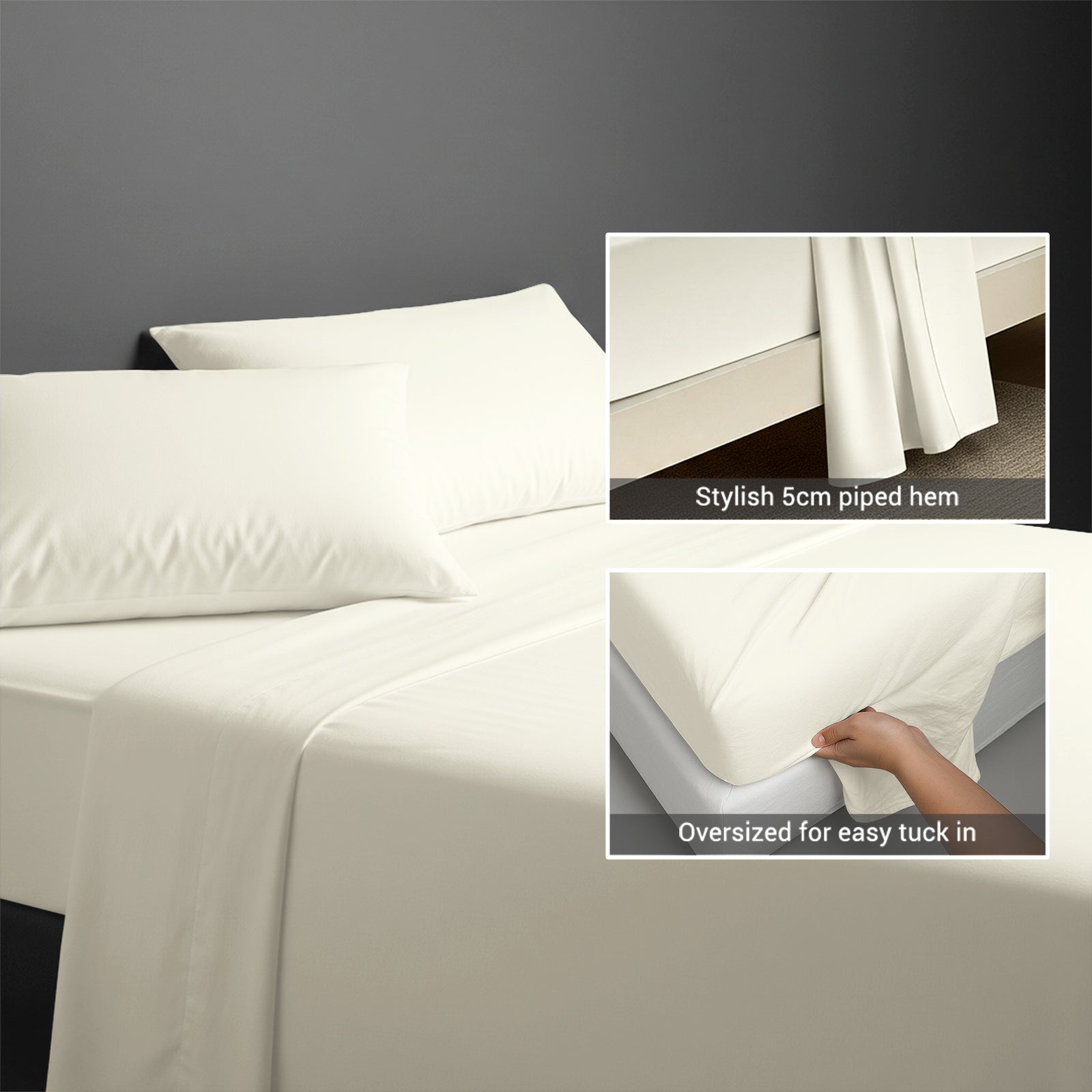 400 thread count Off White cotton flat sheet king size with 5cm piped hem oversized for easy tuck in