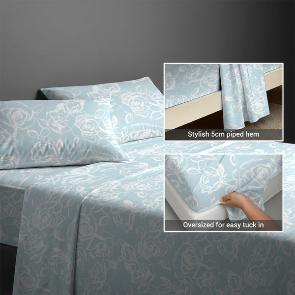 400 thread count Simply Floral Blue cotton flat sheet super king size with 5cm piped hem oversized for easy tuck in