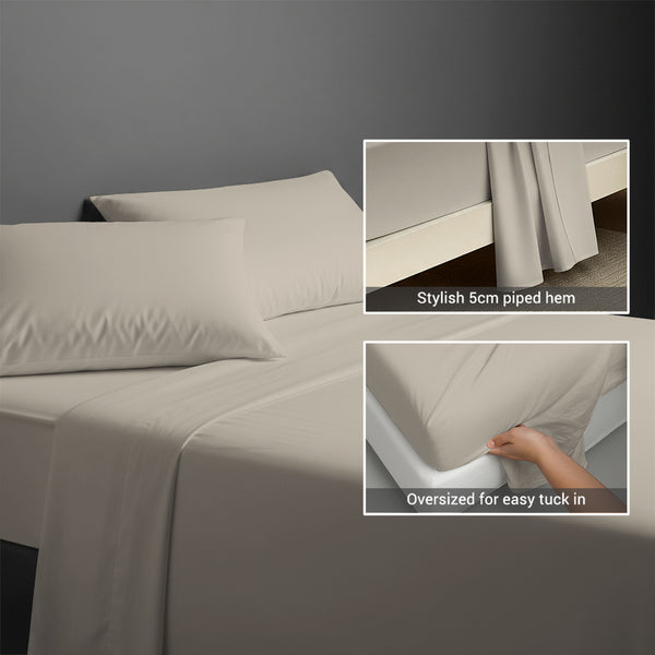 400 thread count simply taupe cotton flat sheet double size with 5cm piped hem oversized for easy tuck in