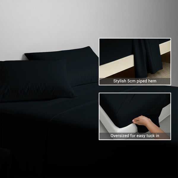 600 thread count black cotton flat sheet double size with 5cm piped hem oversized for easy tuck in
