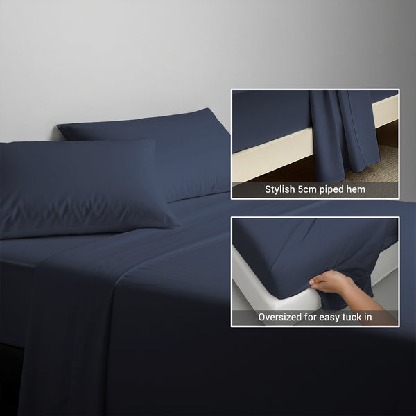 600 thread count dark blue cotton flat sheet double size with 5cm piped hem oversized for easy tuck in