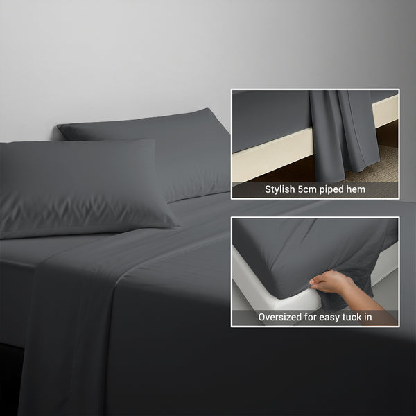 600 thread count dark grey cotton flat sheet double size with 5cm piped hem oversized for easy tuck in