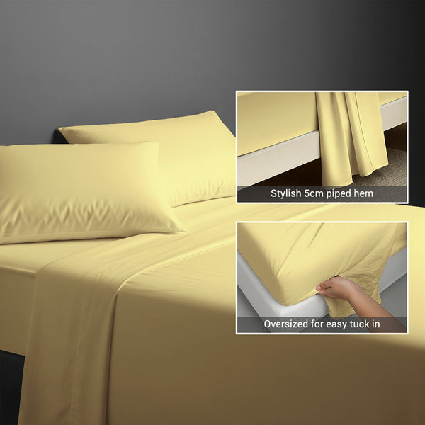 600 thread count mellow yellow cotton flat sheet double size with 5cm piped hem oversized for easy tuck in