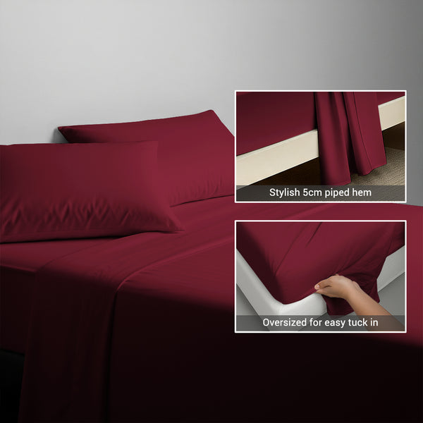 600 thread count rio red cotton flat sheet double size with 5cm piped hem oversized for easy tuck in