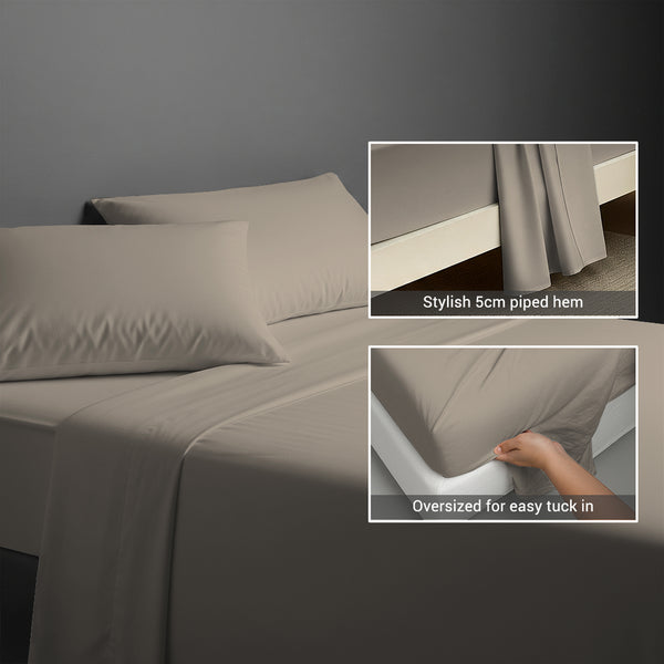 600 thread count simply taupe cotton flat sheet double size with 5cm piped hem oversized for easy tuck in