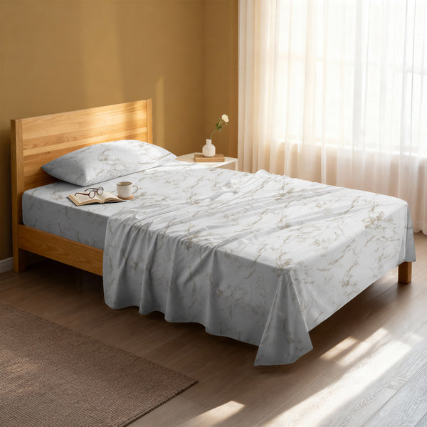 Serene bedroom with premium cotton flat sheet Carrara Marble Taupe single size 400 thread count