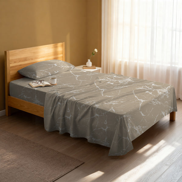 Serene bedroom with premium cotton flat sheet Marble Taupe single size 400 thread count