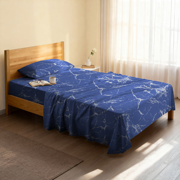 Serene bedroom with premium cotton flat sheet Marble Blue single size 400 thread count