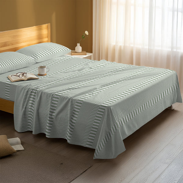 Serene bedroom with premium cotton flat sheet cascade stripe green double size 400 thread count