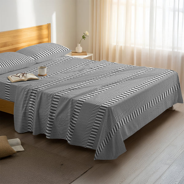 Serene bedroom with premium cotton flat sheet Cascade Stripe Grey super king size 400 thread count