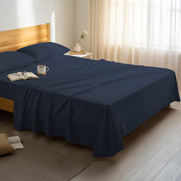 Serene bedroom with premium cotton flat sheet dark blue double size 400 thread count