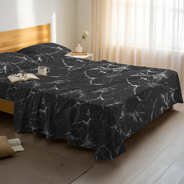 Serene bedroom with premium cotton flat sheet Marble Black king size 400 thread count