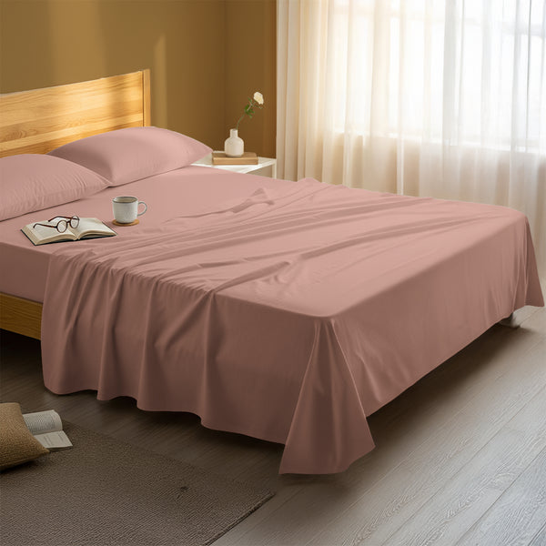 Serene bedroom with premium cotton flat sheet Misty Rose super king size 400 thread count