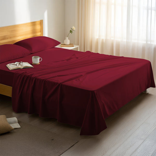 Serene bedroom with premium cotton flat sheet rio red double size 400 thread count