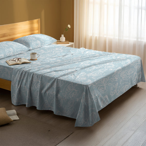 Serene bedroom with premium cotton flat sheet Simply Floral Blue super king size 400 thread count
