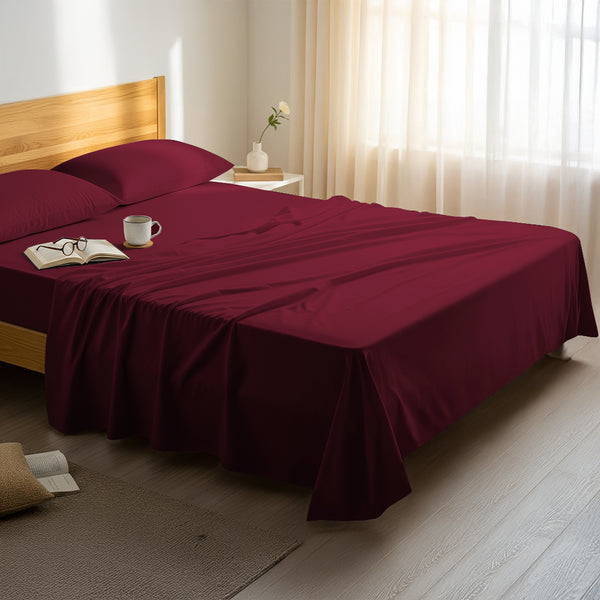Bedroom bed dressed with premium cotton flat sheet rio red double size 600 thread count