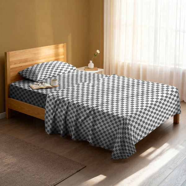 Serene bedroom with premium cotton flat sheet Smart Checks Grey single size 400 thread count