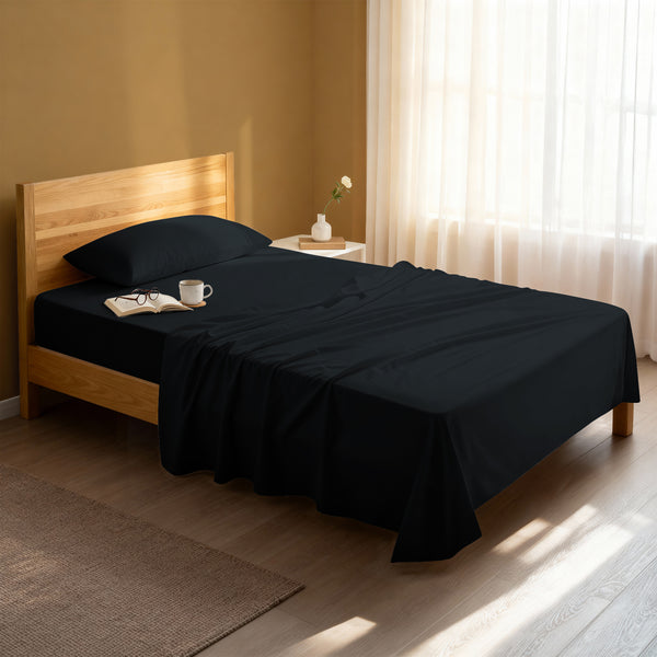 Serene bedroom with premium cotton flat sheet black single size 400 thread count