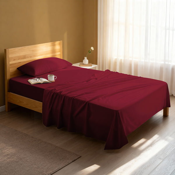 Serene bedroom with premium cotton flat sheet rio red single size 400 thread count