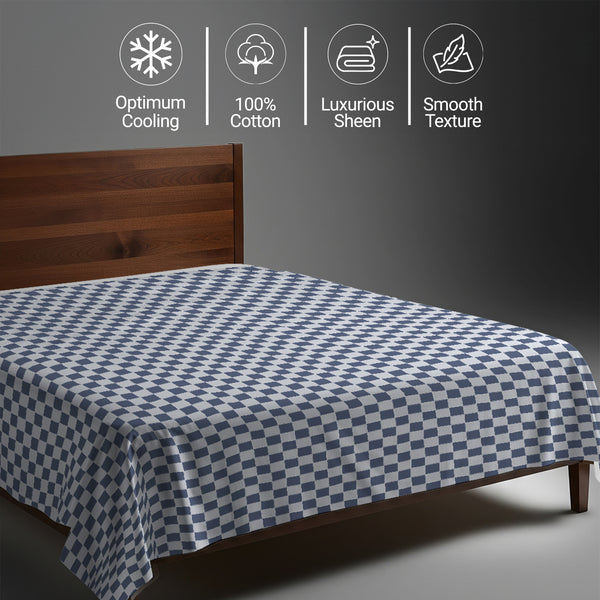 400 thread count king size Smart Checks Navy 100 percent cotton flat sheet with luxurious sheen and smooth cooling feel
